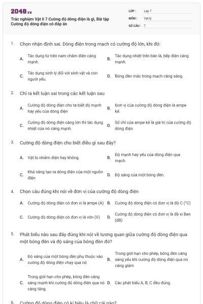 Trắc nghiệm Vật li 7 Cường độ dòng điện là gì, Bài tập Cường độ dòng điện có đáp án