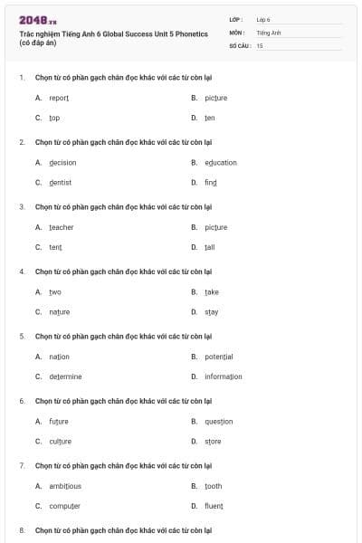 Trắc nghiệm Tiếng Anh 6 Global Success Unit 5 Phonetics (có đáp án)