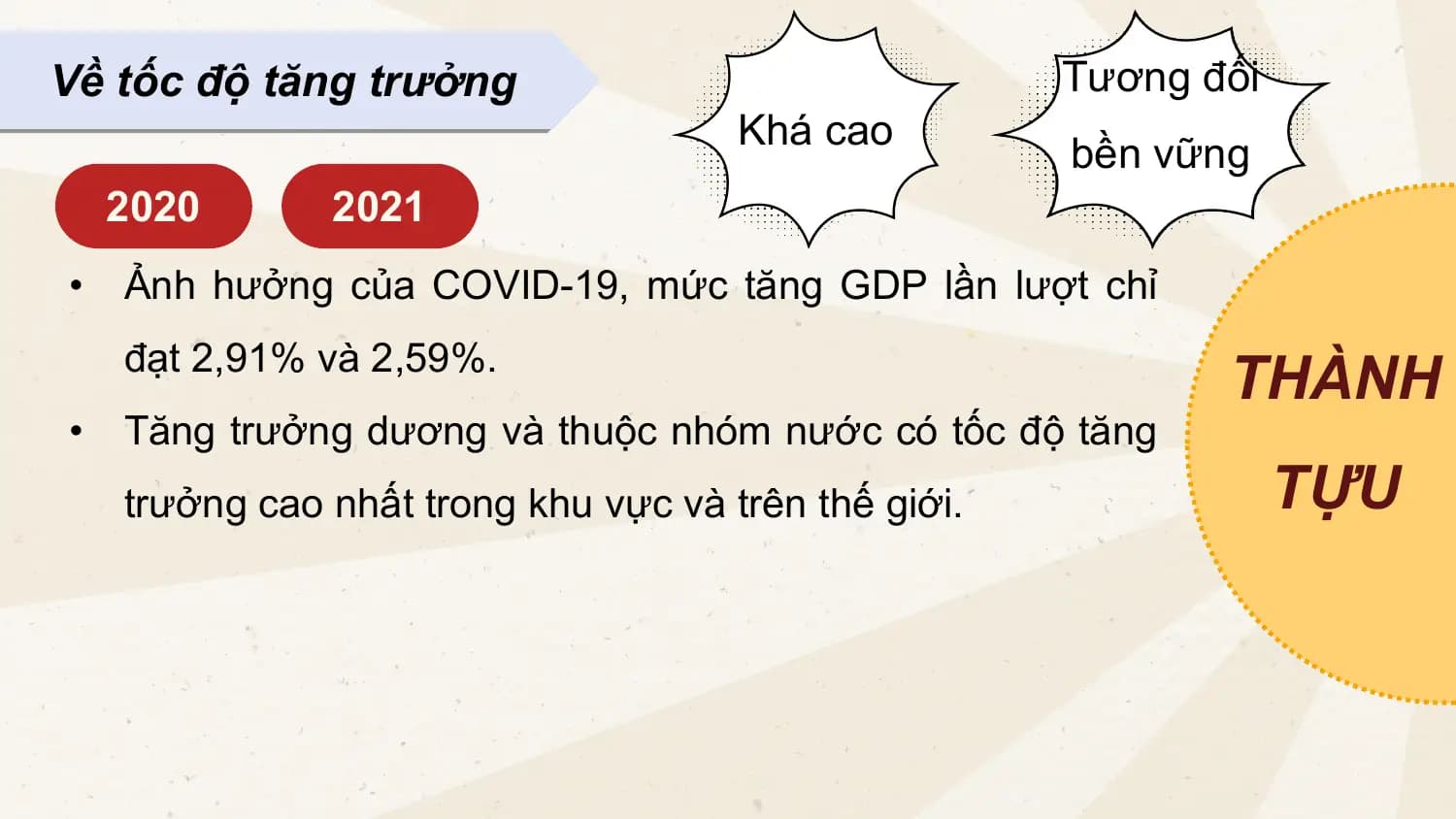 Về tốc độ tăng trưởng Tương đối
Khá cao
bền vững
2020 2021
• Ảnh hưởng của COVID-19, mức tăng GDP lần lượt chỉ
đạt 2,91% và 2,59%.
THÀNH
• Tăng trưởng dương và thuộc nhóm nước có tốc độ tăng
trưởng cao nhất trong khu vực và trên thế giới. TỰU
