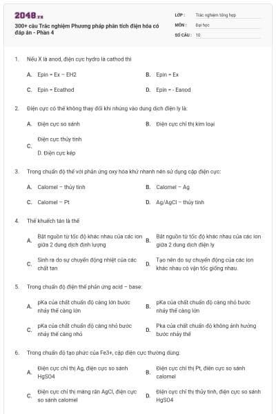 300+ câu Trắc nghiệm Phương pháp phân tích điện hóa có đáp án - Phần 4