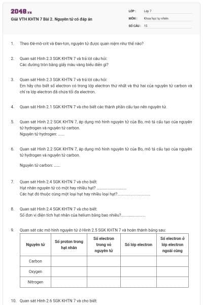 Giải VTH KHTN 7 Bài 2. Nguyên tử có đáp án