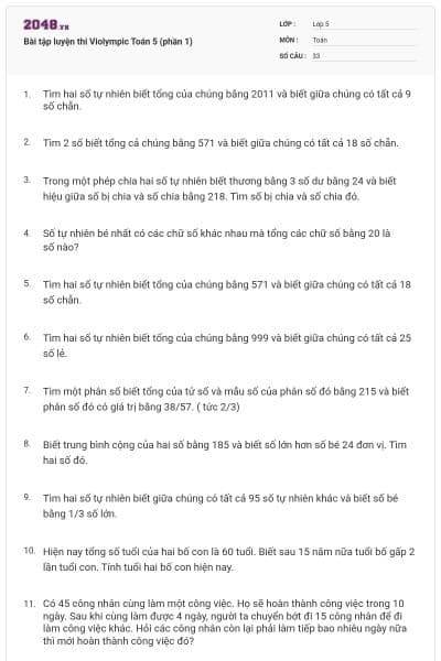 Bài tập luyện thi Violympic Toán 5 (phần 1)