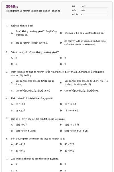 Trắc nghiệm Số nguyên tố lớp 6 (có đáp án - phần 2)