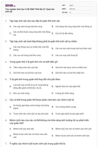 Trắc nghiệm Sinh Học 9 HỆ SINH THÁI Bài 47:  Quần thể sinh vật