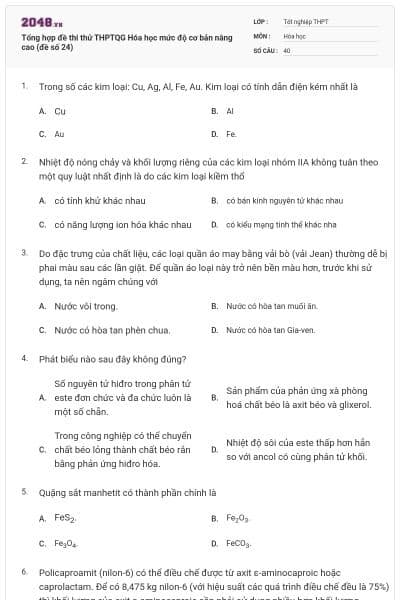 Tổng hợp đề thi thử THPTQG Hóa học mức độ cơ bản nâng cao (đề số 24)