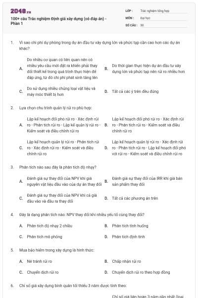 100+ câu Trắc nghiệm Định giá xây dựng (có đáp án) - Phần 1