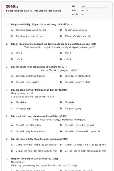 Bài tập nâng cao Tuần 30 Tiếng Việt lớp 3 (có đáp án)