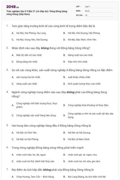 Trắc nghiệm Địa lí 9 Bài 21 (có đáp án): Vùng Đồng bằng sông Hồng (tiếp theo)