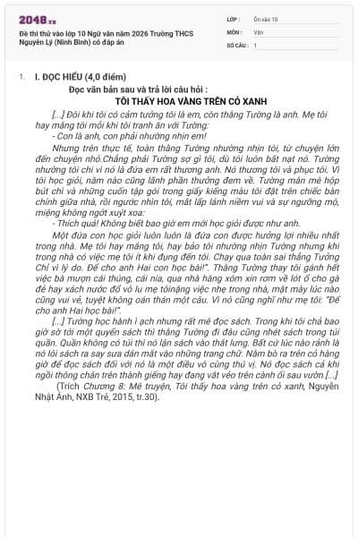 Đề thi thử vào lớp 10 Ngữ văn năm 2026 Trường THCS Nguyên Lý (Ninh Bình) có đáp án