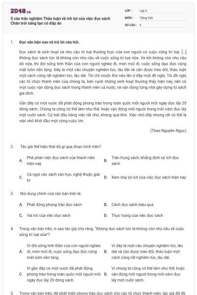 5 câu trắc nghiệm Thảo luận về ích lợi của việc đọc sách Chân trời sáng tạo có đáp án