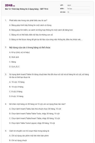 Bài 12: Trình bày thông tin ở dạng bảng - SBT TH 6