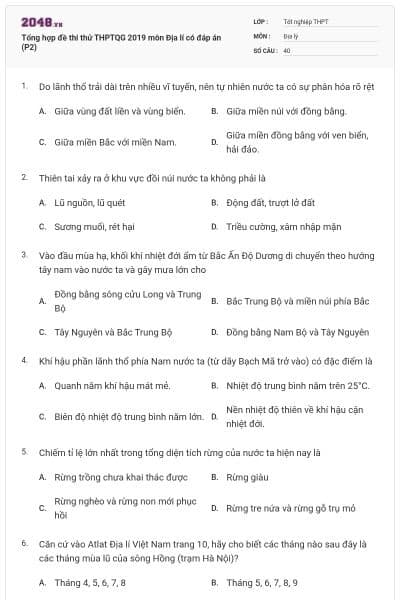 Tổng hợp đề thi thử THPTQG 2019 môn Địa lí có đáp án (P2)
