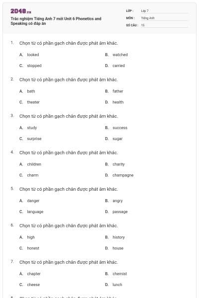 Trắc nghiệm Tiếng Anh 7 mới Unit 6 Phonetics and Speaking có đáp án