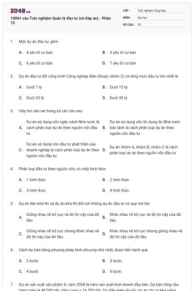1000+ câu Trắc nghiệm Quản lý đầu tư (có đáp án) - Phần 15