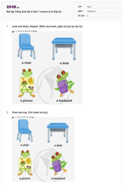 Bài tập Tiếng Anh lớp 3 Unit 1 Lesson 6 có đáp án