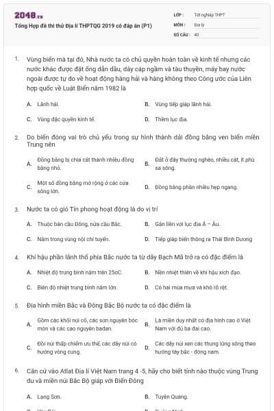 Tổng Hợp đề thi thử Địa lí THPTQG 2019 có đáp án (P1)