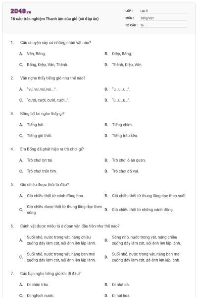 16 câu trắc nghiệm Thanh âm của gió (có đáp án)