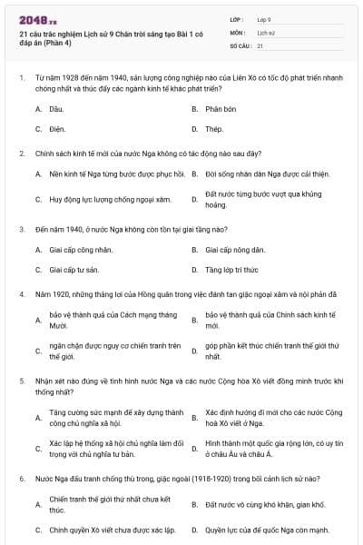 21 câu trắc nghiệm Lịch sử 9 Chân trời sáng tạo Bài 1 có đáp án (Phần 4)