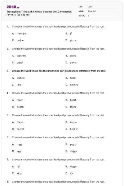 Trắc nghiệm Tiếng Anh 8 Global Success Unit 2 Phonetics: /ə/ và /ɪ/ (có đáp án)