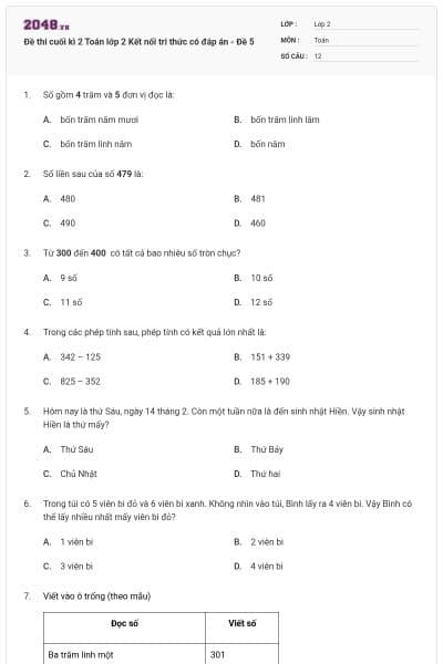 Đề thi cuối kì 2 Toán lớp 2 Kết nối tri thức có đáp án - Đề 5