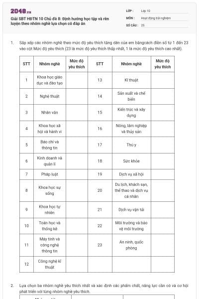 Giải SBT HĐTN 10 Chủ đề 8: Định hướng học tập và rèn luyện theo nhóm nghề lựa chọn có đáp án