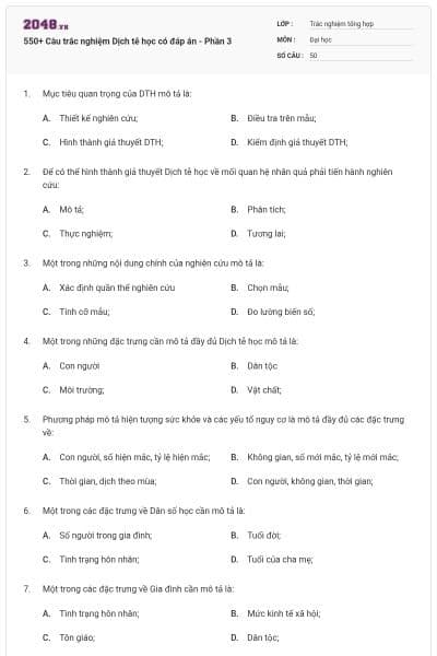 550+ Câu trắc nghiệm Dịch tễ học có đáp án - Phần 3