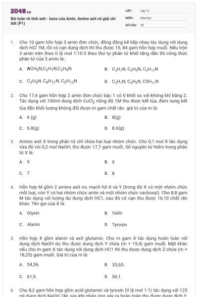 Bài toán về tính axit - bazo của Amin, Amino axit có giải chi tiết (P1)
