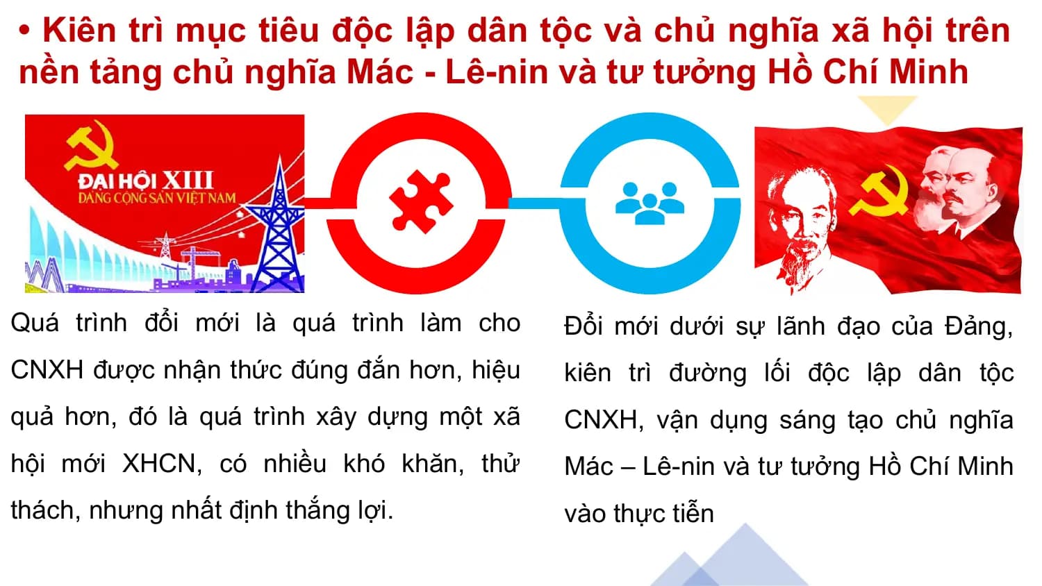 • Kiên trì mục tiêu độc lập dân tộc và chủ nghĩa xã hội trên
nền tảng chủ nghĩa Mác - Lê-nin và tư tưởng Hồ Chí Minh
Quá trình đổi mới là quá trình làm cho Đổi mới dưới sự lãnh đạo của Đảng,
CNXH được nhận thức đúng đắn hơn, hiệu kiên trì đường lối độc lập dân tộc
quả hơn, đó là quá trình xây dựng một xã CNXH, vận dụng sáng tạo chủ nghĩa
hội mới XHCN, có nhiều khó khăn, thử Mác – Lê-nin và tư tưởng Hồ Chí Minh
thách, nhưng nhất định thắng lợi. vào thực tiễn