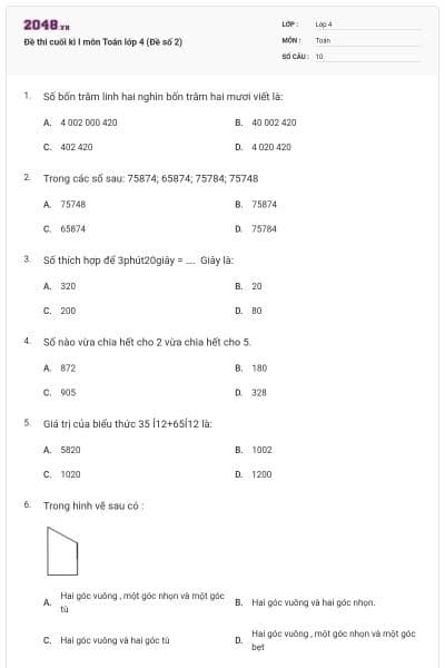 Đề thi cuối kì I môn Toán lớp 4 (Đề số 2)