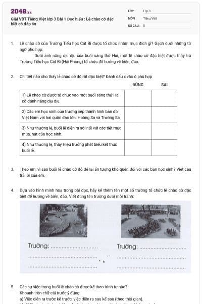 Giải VBT Tiếng Việt lớp 3 Bài 1 Đọc hiểu : Lễ chào cờ đặc biệt có đáp án