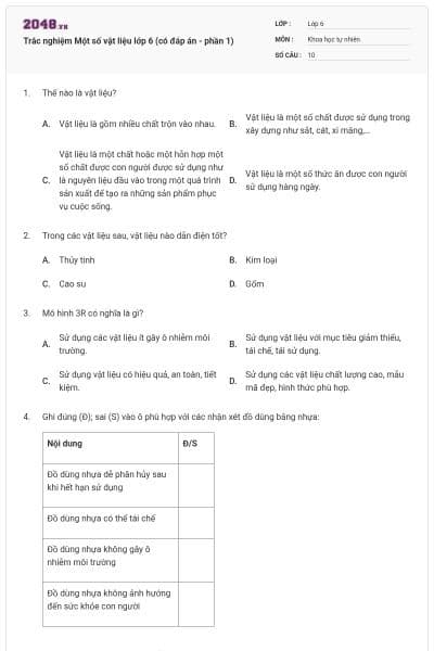 Trắc nghiệm Một số vật liệu lớp 6 (có đáp án - phần 1)