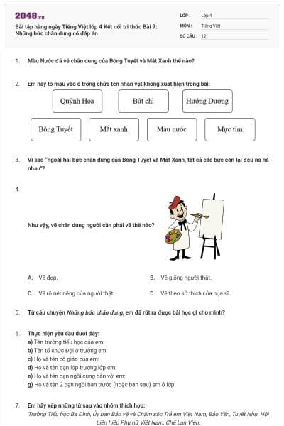 Bài tập hàng ngày Tiếng Việt lớp 4 Kết nối tri thức Bài 7: Những bức chân dung có đáp án