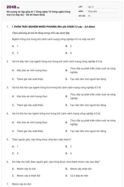 Đề cương ôn tập giữa kì 1 Công nghệ 10 Công nghệ trồng trọt (có đáp án) - Đề thi tham khảo
