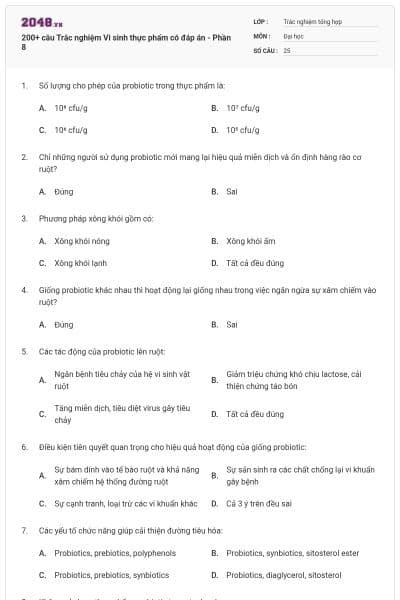 200+ câu Trắc nghiệm Vi sinh thực phẩm có đáp án - Phần 8