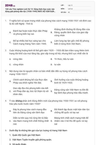 160 câu Trắc nghiệm Lịch Sử 12: Đảng lãnh đạo cuộc vận động giải phóng dân tộc (1930-1945) MỨC ĐỘ VẬN DỤNG - VẬN DỤNG CAO