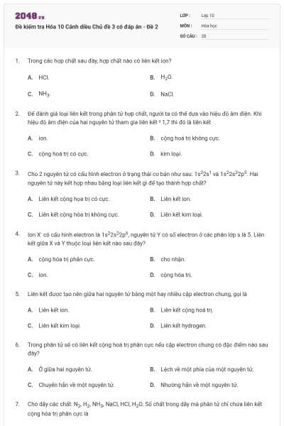 Đề kiểm tra Hóa 10 Cánh diều Chủ đề 3 có đáp án - Đề 2