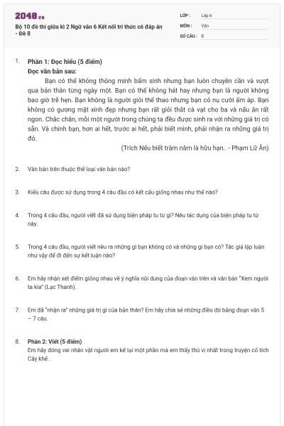 Bộ 10 đề thi giữa kì 2 Ngữ văn 6 Kết nối tri thức có đáp án - Đề 8