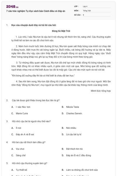 7 câu trắc nghiệm Tự đọc sách báo Cánh diều có đáp án