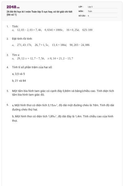 26 Đề thi học kì I môn Toán lớp 5 cực hay, có lời giải chi tiết (Đề số 1)