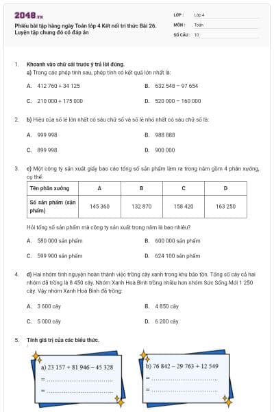Phiếu bài tập hàng ngày Toán lớp 4 Kết nối tri thức Bài 26. Luyện tập chung đó có đáp án