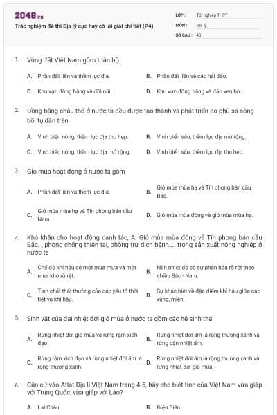 Trắc nghiệm đề thi Địa lý cực hay có lời giải chi tiết (P4)