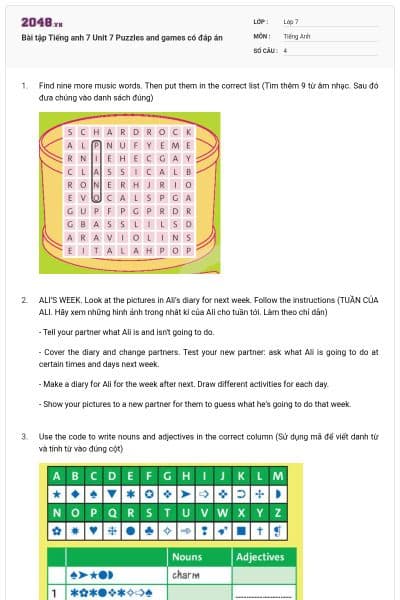 Bài tập Tiếng anh 7 Unit 7 Puzzles and games có đáp án