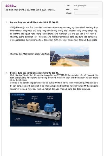Đề tham khảo ĐGNL V-SAT môn Vật lý 2026 - Đề số 7