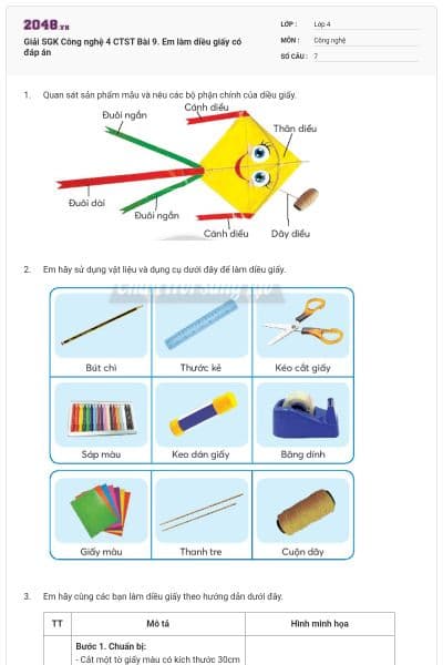 Giải SGK Công nghệ 4 CTST Bài 9. Em làm diều giấy có đáp án