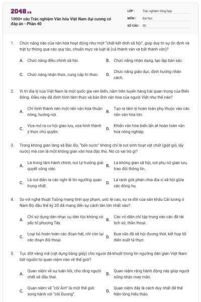 1000+ câu Trắc nghiệm Văn hóa Việt Nam đại cương có đáp án - Phần 40