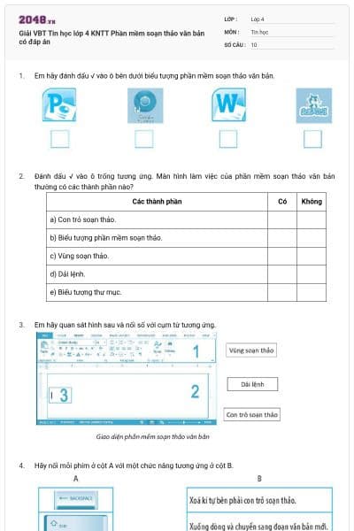 Giải VBT Tin học lớp 4 KNTT Phần mềm soạn thảo văn bản có đáp án