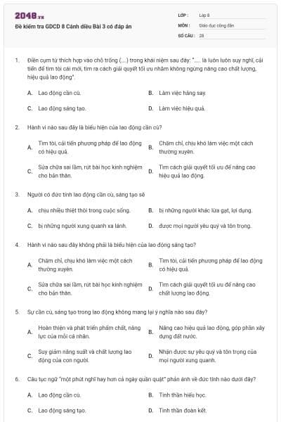 Đề kiểm tra GDCD 8 Cánh diều Bài 3 có đáp án