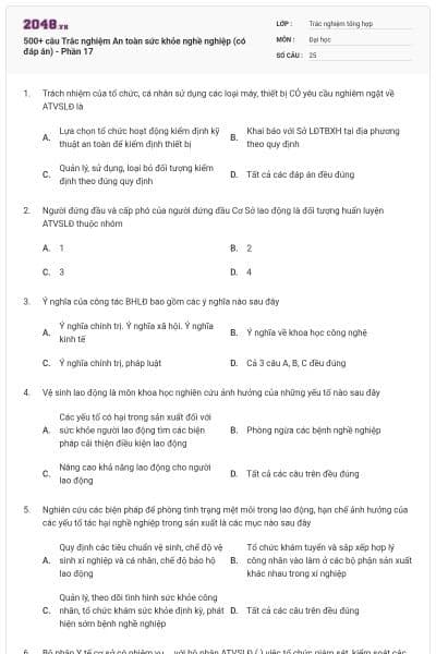 500+ câu Trắc nghiệm An toàn sức khỏe nghề nghiệp (có đáp án) - Phần 17