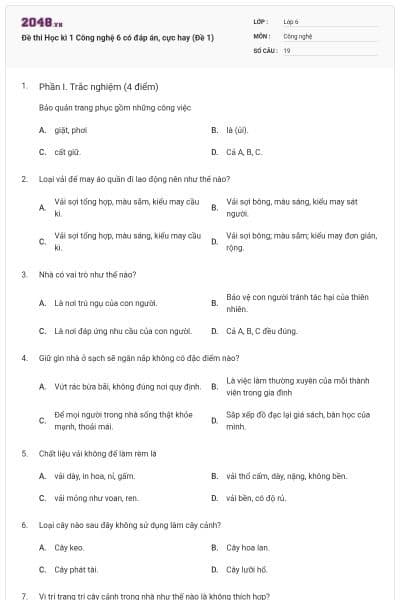 Đề thi Học kì 1 Công nghệ 6 có đáp án, cực hay (Đề 1)