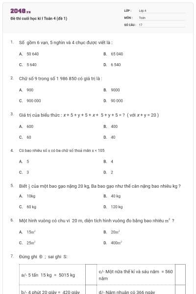 Đề thi cuối học kì I Toán 4 (đề 1)